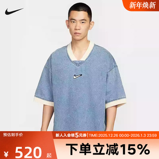Nike耐克男子宽松复古V领牛仔短袖 436 刺绣篮球运动上衣秋HV1919