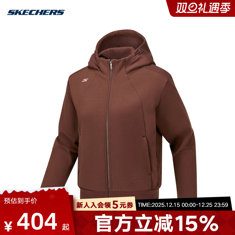 Skechers斯凯奇拉链连帽夹克冬女加绒保暖梭织外套 P425W044/05ZZ
