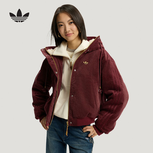 棉服26新款 女保暖毛绒领运动连帽外套KT0723 adidas阿迪达斯新年款