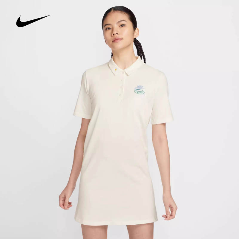 Nike耐克女子连衣裙夏季新款纯棉针织休闲刺绣舒适短袖T恤HJ3949