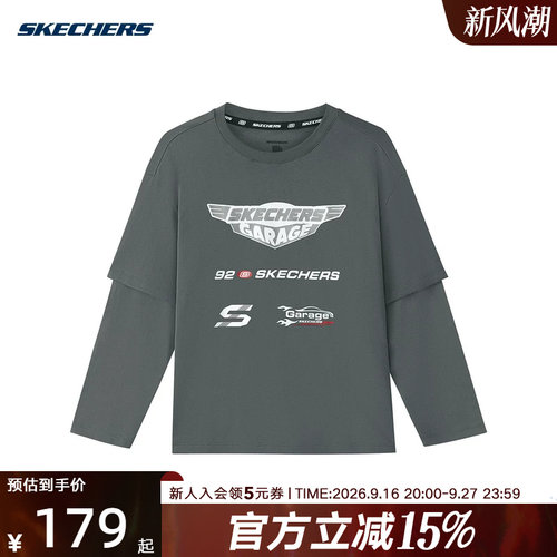 SKECHERS斯凯奇秋季新款男女大童休闲圆领假两件长袖T恤 L326K085