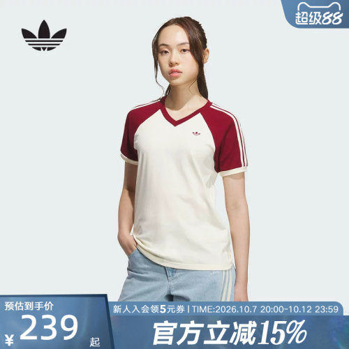 adidas阿迪达斯三叶草夏女经典棉质运动短袖V领T恤拼色KE6163