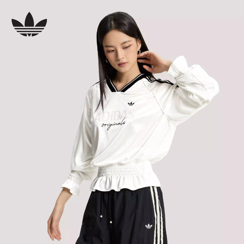 adidas阿迪达斯三叶草抽褶针织宽松球衣T恤白色女长袖上衣 K