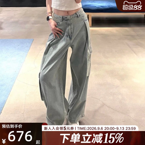 阿迪达斯三叶草大口袋工装裤宽松阔腿裤2026春女牛仔长裤 KU9533