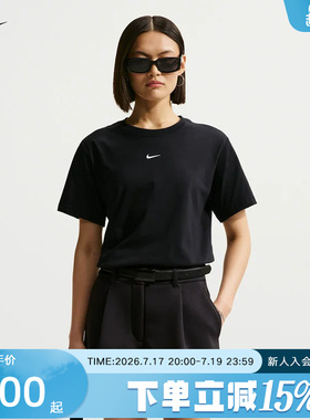 NIKE耐克女子T恤夏Oversize风印花小标棉质短袖针织衫 IH7602-010