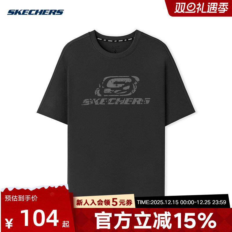 Skechers斯凯奇夏季男女同款休闲运动黑色短袖T恤衫L225U058/0018