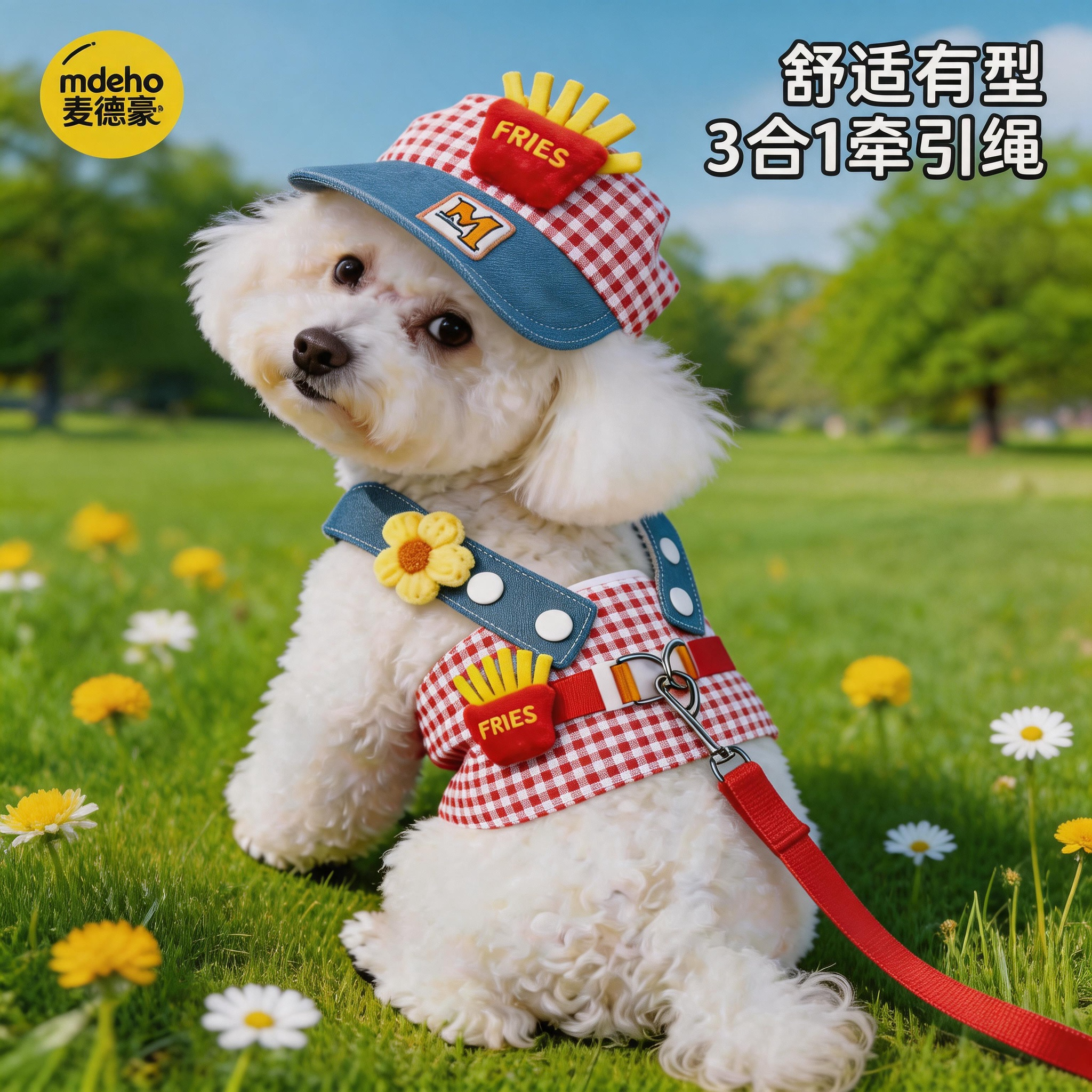 狗狗牵引绳宠物胸背带外出遮阳帽小型犬衣服三件套可牵引猫牵引绳