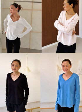 100%棉宽松V领长袖打底T恤女