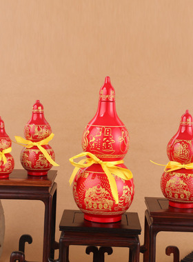 正宗桃木葫芦摆件开盖空心彩绘结婚福禄红色葫芦木质雕刻葫芦挂件