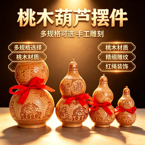 天然桃木葫芦摆件 开盖雕刻木葫芦家居客厅玄关工艺品大小号摆设