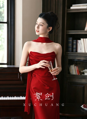 桑缇~~法式轻奢新娘敬酒服订婚晚礼服红色高级感宴会婚礼抹胸晨袍