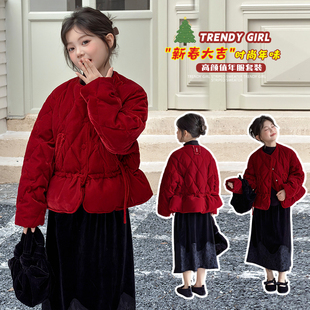 新中式女童红色羽绒棉衣2025冬季短款收腰洋气丝绒外套红年服外套