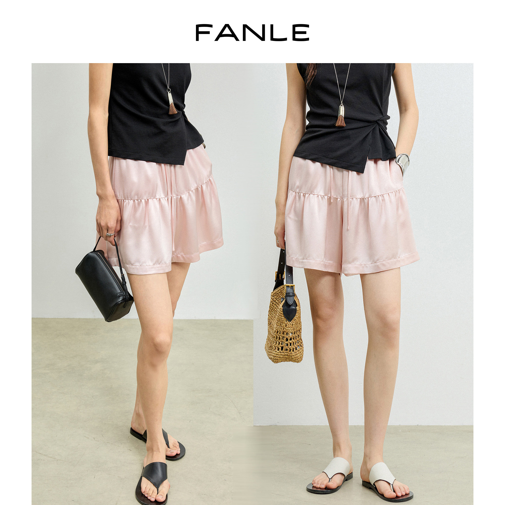 FANLE STUDIOS进口醋酸光泽凉爽舒适垂感MIU风花苞抽绳牛筋腰短裤