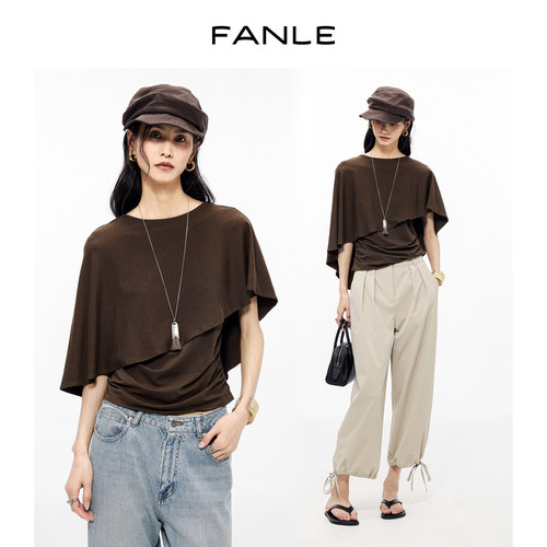 FANLE STUDIOS夏日时髦层次遮肉显瘦不规则斗篷罩衫抽褶收腰T恤女