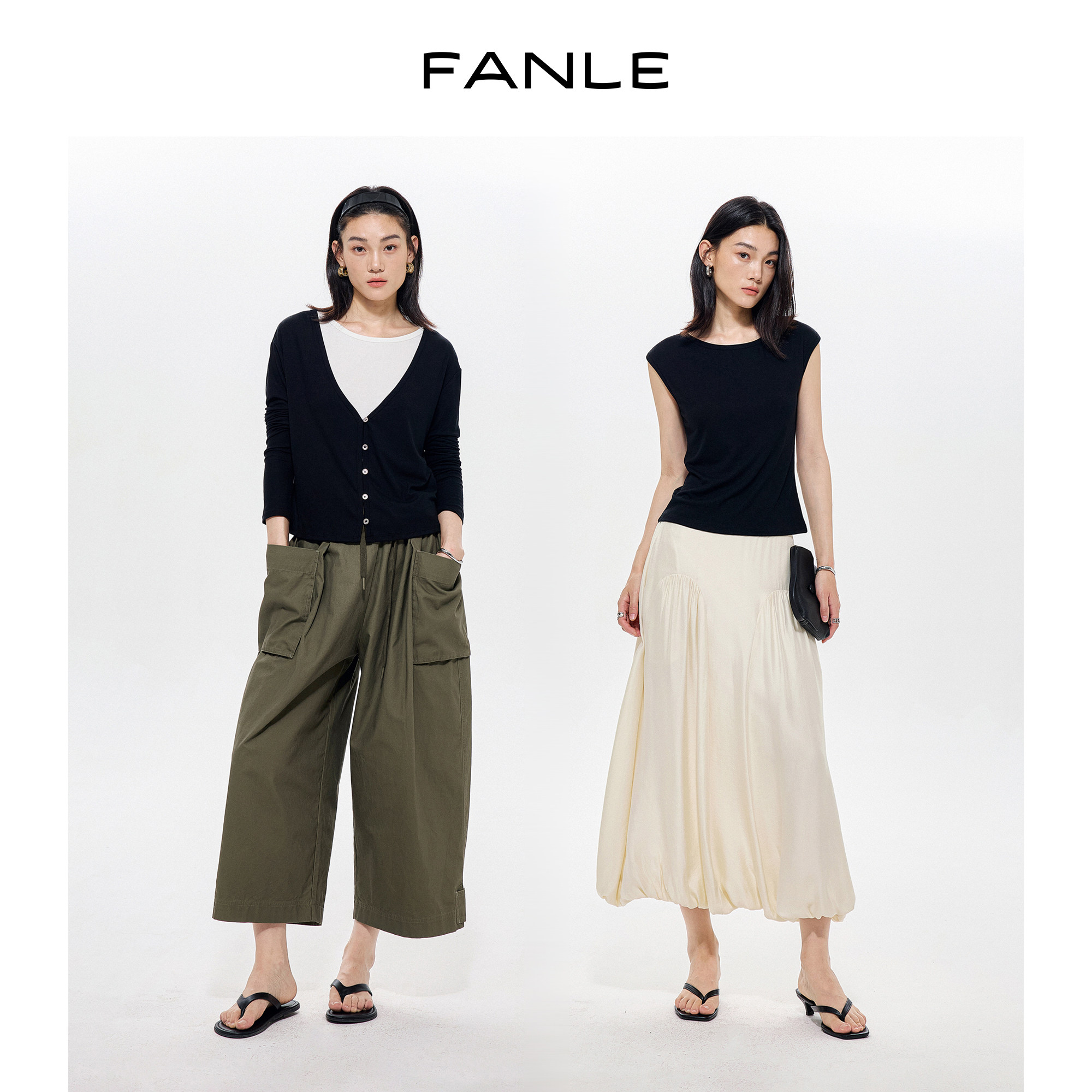 FANLE STUDIOS长期主义莱赛尔醋酸柔软包肩袖背心/V领T恤开衫套装图片