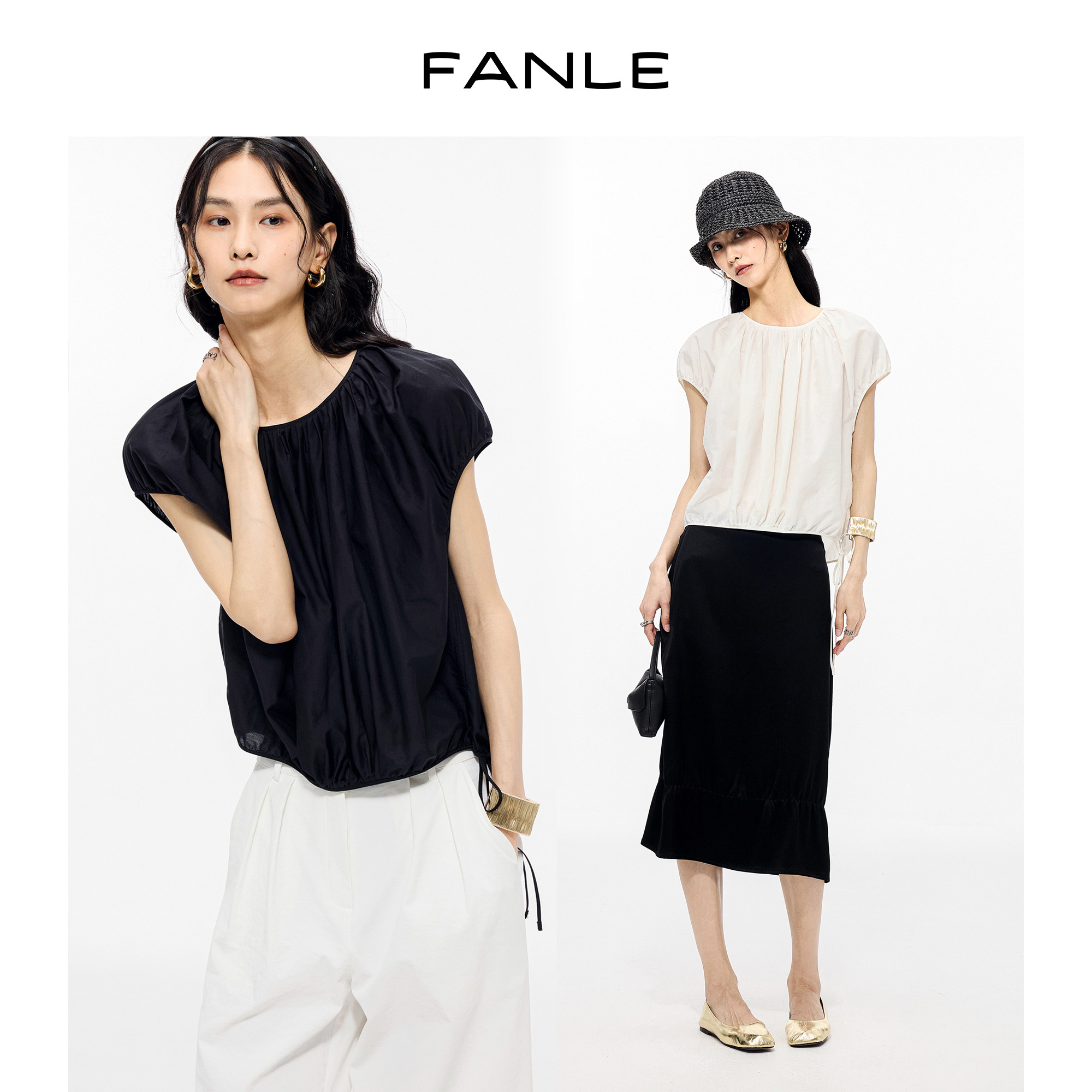 FANLE STUDIOS重工捏褶圆领连肩袖减龄小衫花苞抽绳通勤气球上衣