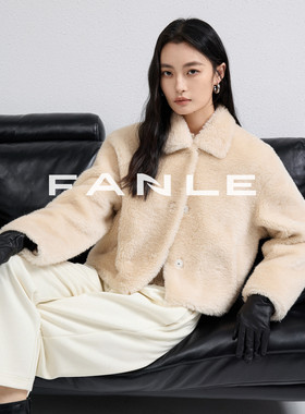 FANLE STUDIOS进口短直毛羊驼毛及简翻领廓形ROW风短款皮草外套