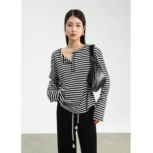 T恤 复古亨利领宽松休闲条纹长袖 FANLE STUDIOS进口高支高密棉美式