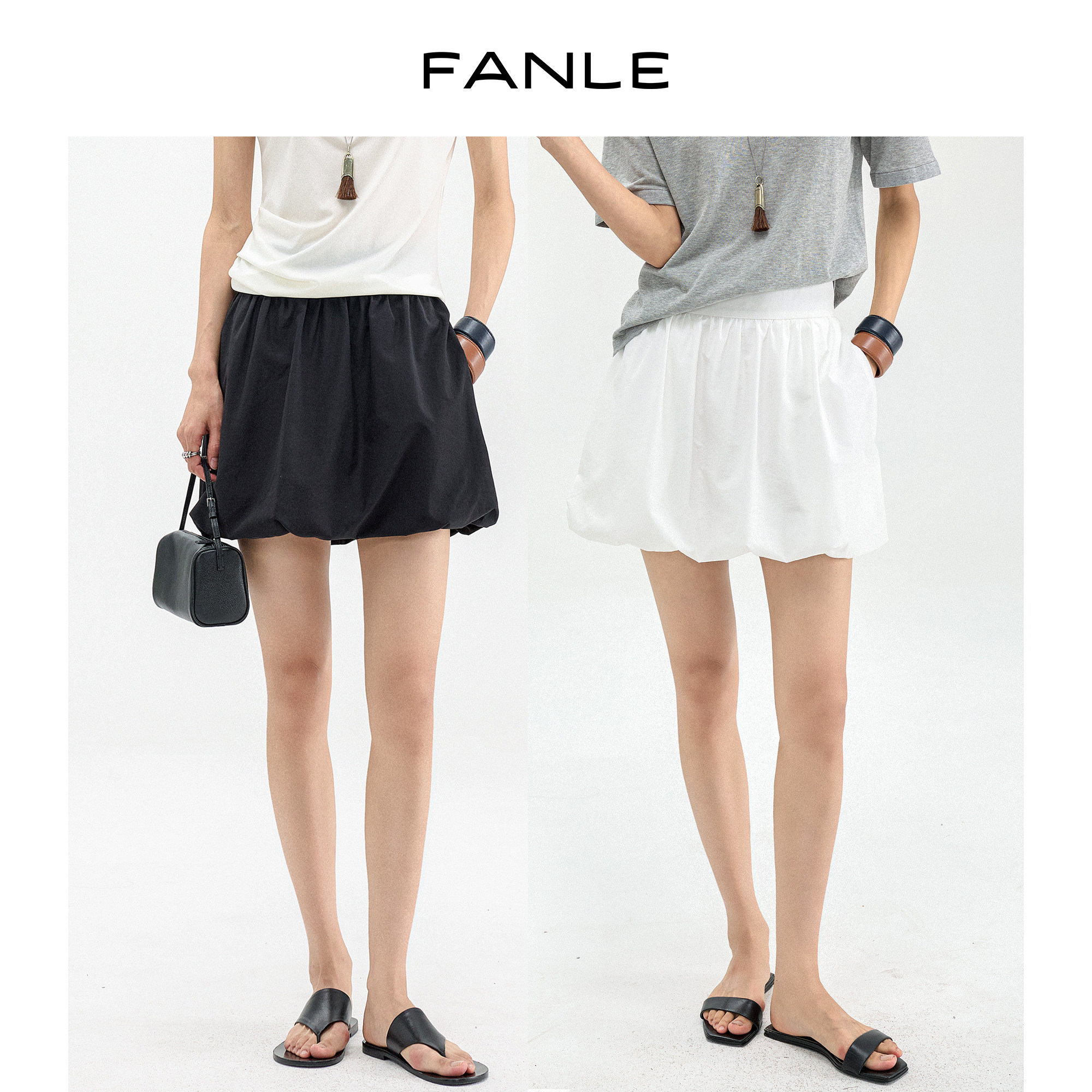 FANLE STUDIOS限量进口Bubble风时髦MIU风显瘦花苞褶皱气球裙短裙