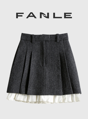 断码清仓不退换秋冬加厚初剪羊毛人字纹MIU风拼接羊毛高腰a字短裙