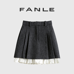 FANLE 秋冬加厚初剪羊毛人字纹MIU风拼接羊毛高腰a字短裙 STUDIOS