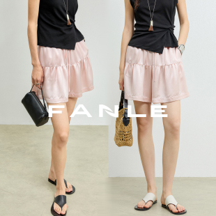 FANLE STUDIOS进口醋酸光泽凉爽舒适垂感MIU风花苞抽绳牛筋腰短裤