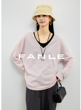FANLE STUDIOS裸感0压软垂真丝亚麻棉叠穿百搭纸片人大V领面膜T恤