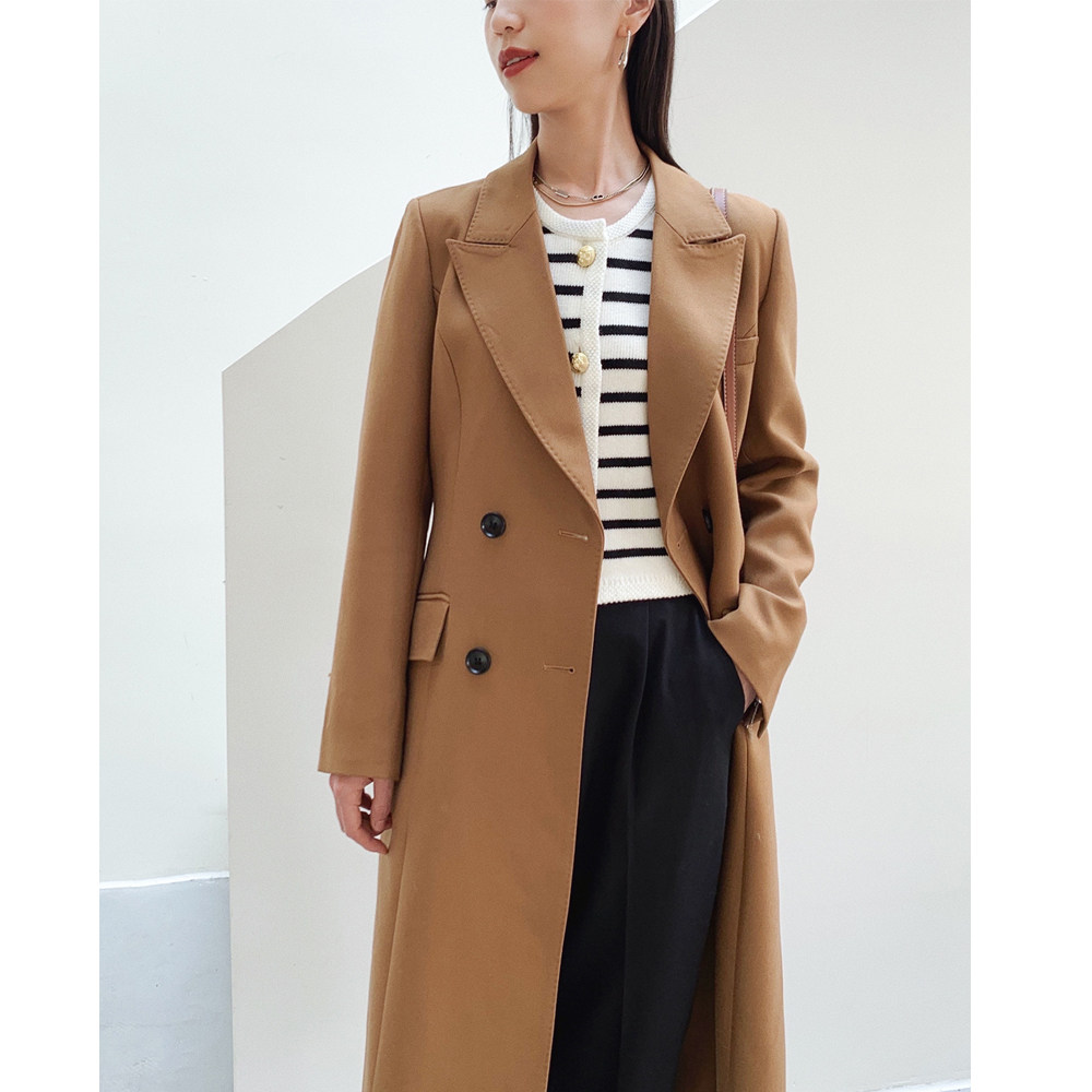 进口斜纹廓形长款羊毛呢西装领