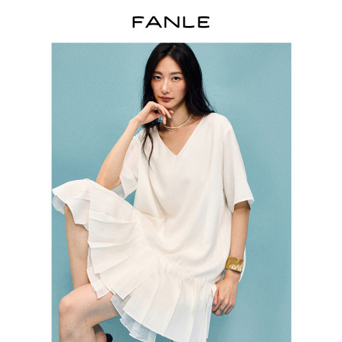 FANLE STUDIOS重磅莱赛尔醋酸亚麻凉感不规则百褶短袖V领连衣裙