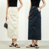 FANLE STUDIOS轻薄纸感透气立体口袋直筒时髦开叉工装 牛仔半身裙