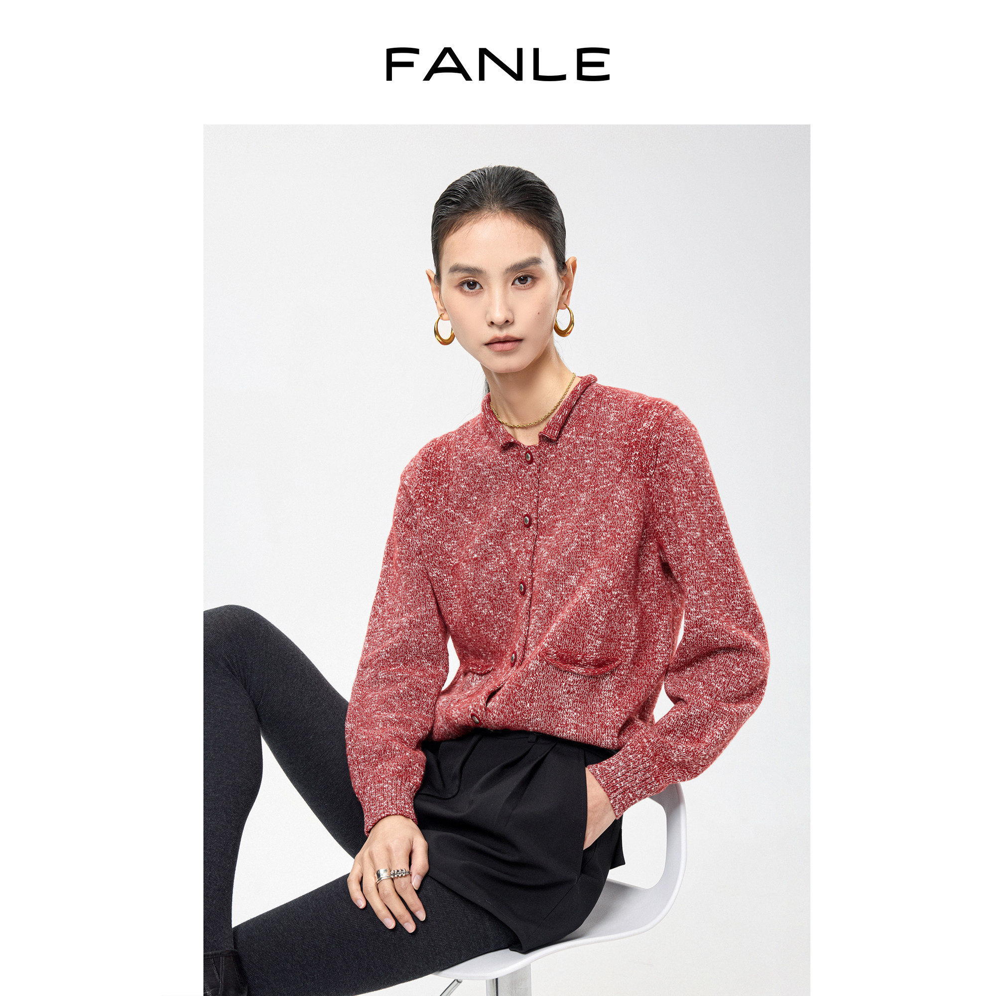 FANLE STUDIOS新年复古混色软糯舒适羊毛&ldquo;蛋卷领&rdquo;短款针织开衫
