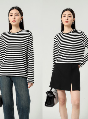 FANLE STUDIOS 新型棉质混纺条纹长短款圆领百搭慵懒长袖T恤