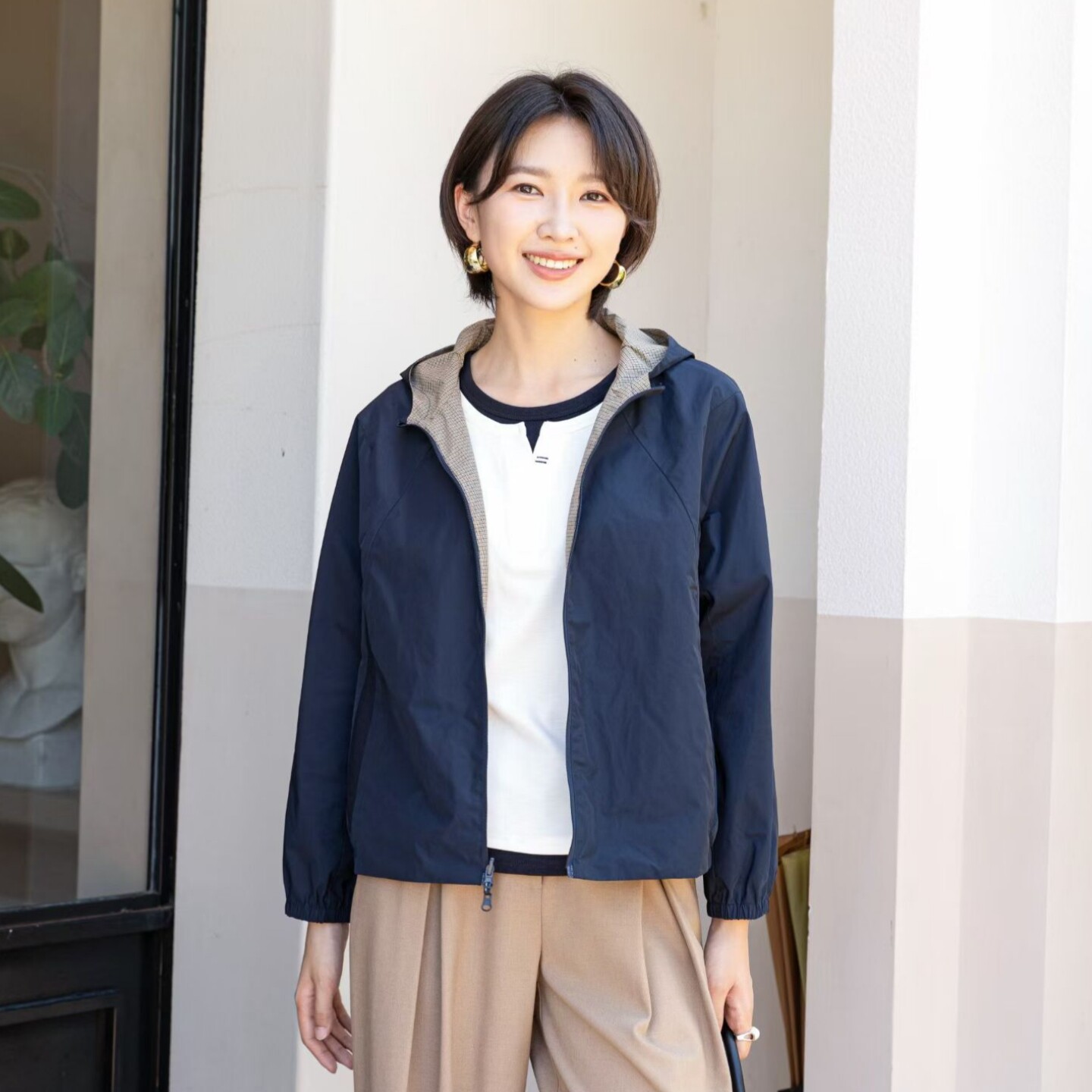 韫长袖连帽领短款休闲双面穿风衣
