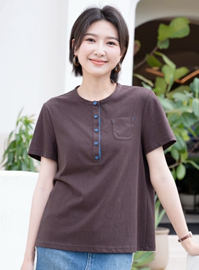 YUN韫2026夏季新款女装圆领撞色半开扣竹节棉休闲短袖T恤上衣6209