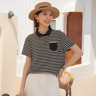 翻领套头撞色条纹休闲通勤短袖 女装 棉T恤女5556 新款 YUN韫2025夏季