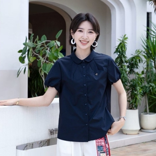 YUN韫2026夏季新款女装翻领单排扣温柔气质蝴蝶结短袖女衬衫 6216