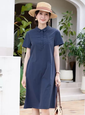 YUN韫2026夏季新款翻领半开扣抽绳透气速干通勤短袖女连衣裙 6199