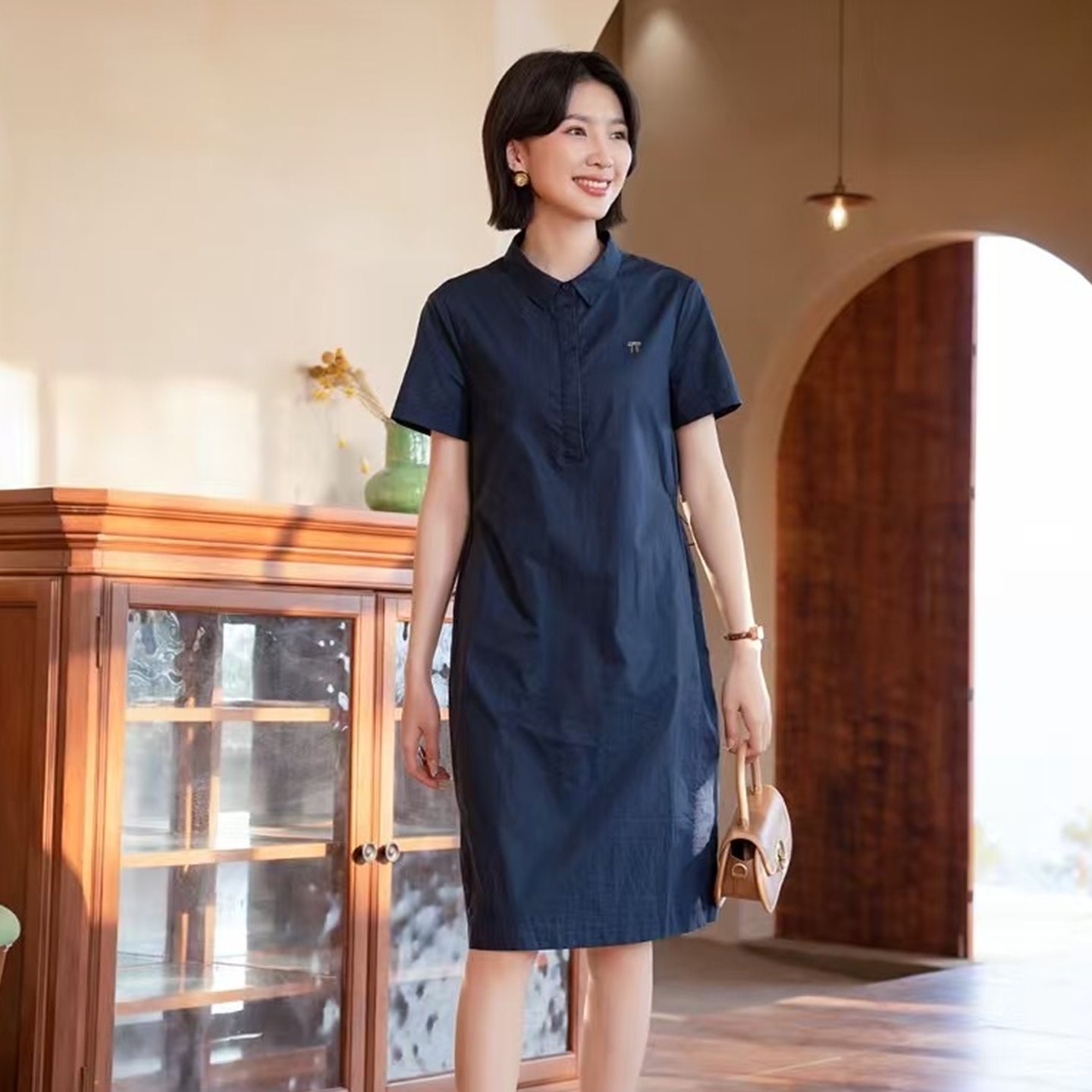 通勤A字裙棉纯色抽绳衬衫裙