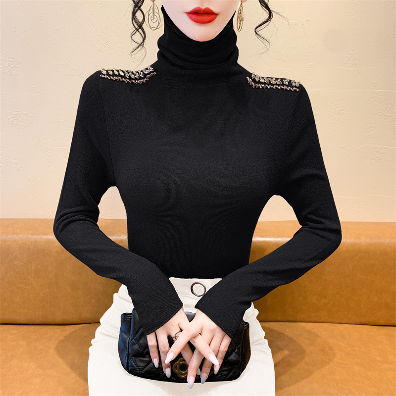 堆堆高领毛衣打底衫女秋冬高级设计感钉珠针织衫长袖洋气内搭上衣