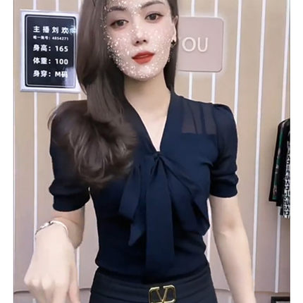 时尚V领系带网纱短袖t恤女2026夏季新款欧货洋气上衣气质显瘦小衫