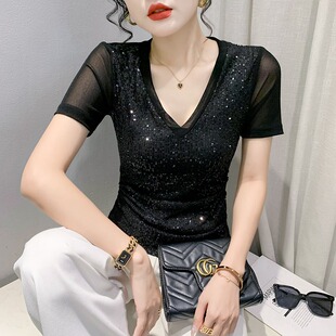 黑色性感V领网纱T恤女短袖夏季欧货时尚亮片上衣洋气显瘦半袖小衫