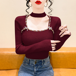 上衣 内搭打底衫 气质方领挂脖毛衣女秋冬欧货设计感钉珠针织衫 长袖