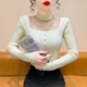 半高领蕾丝拼接针织打底衫 女秋冬高级感镂空钉珠毛衣内搭长袖 上衣