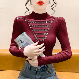 上衣 内搭打底衫 半高领毛衣女秋冬重工烫钻气质网纱拼接针织衫 长袖
