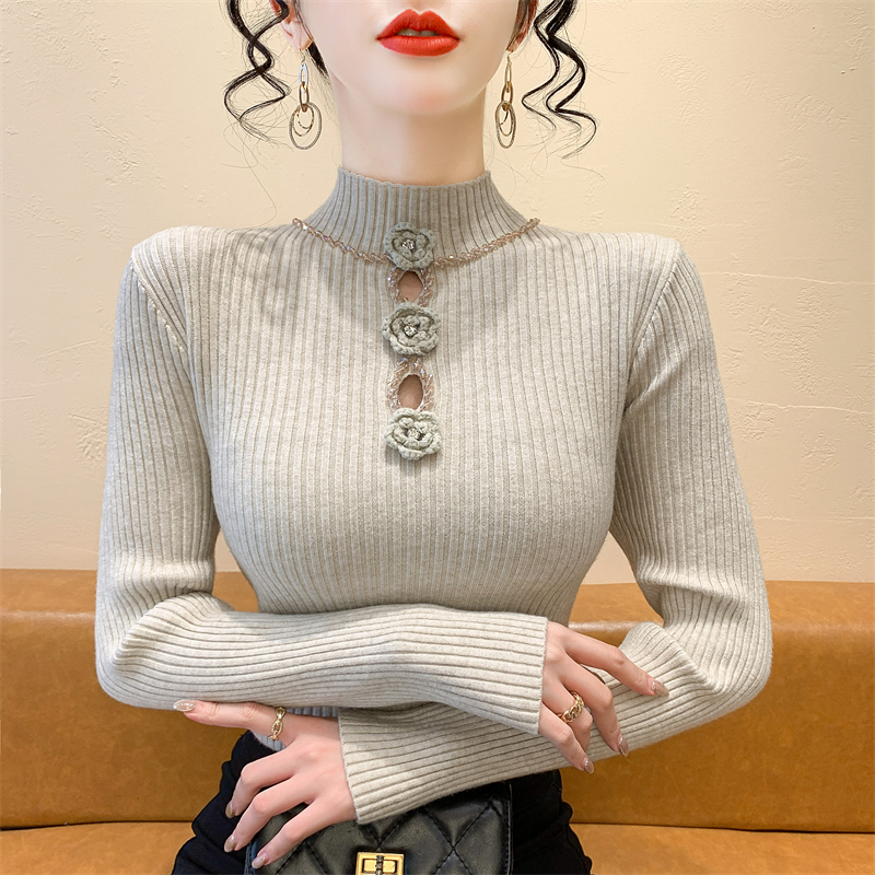 半高领毛衣女秋冬设计感立体花朵镂空钉珠针织衫长袖紧身打底上衣