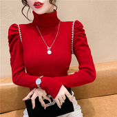 2025新款 冬季 重工订钻泡泡袖 红色毛衣女款 针织上衣高领内搭打底衫