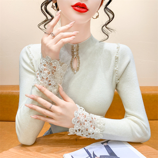 钉珠上衣紧身内搭打底衫 半高领毛衣女秋冬蕾丝拼接镂空针织衫 长袖