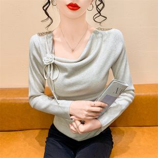 长袖 设计感花朵针织衫 内搭上衣 女秋冬2025新款 气质荡领毛衣打底衫