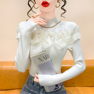 长袖 荷叶边钉珠针织衫 内搭打底上衣 时尚 半高领毛衣女秋冬2025新款