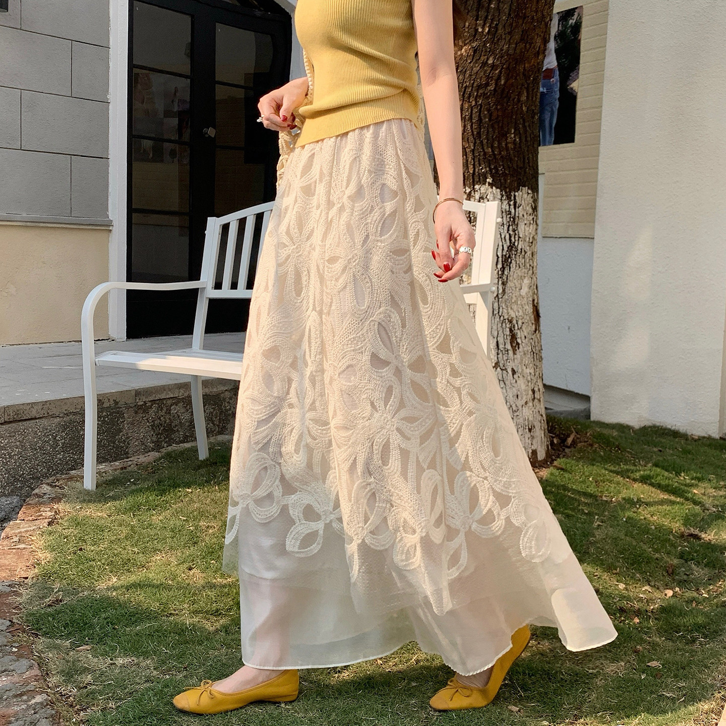 法式重工刺绣花朵网纱半身裙女2026春夏新款高腰显瘦a字大摆长裙